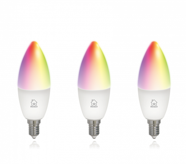 Deltaco SMART HOME SH-LE14RGB izzó LED, E14, gyertya, WIFI, 5W, színes+fehér, szabályozható, 3db/csomag