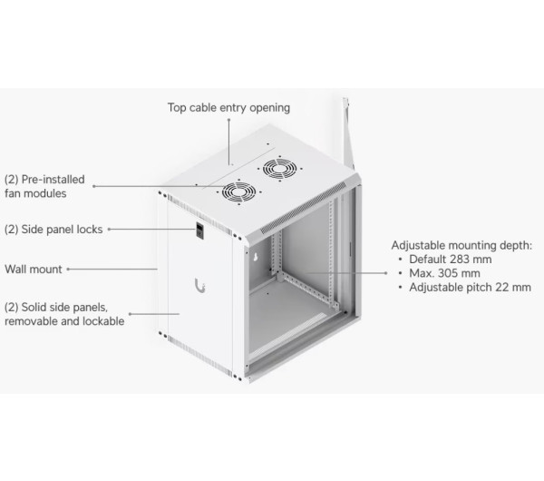Ubiquiti UACC-RACK-12U-WALL-450-G 19" 12U 635x550x450mm MAX:50kg üvegajtós fehér fali rack szekrény