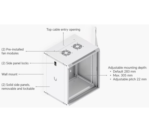 Ubiquiti UACC-RACK-12U-WALL-600-G 19" 12U 635x598x600mm MAX:80kg üvegajtós fehér fali rack szekrény