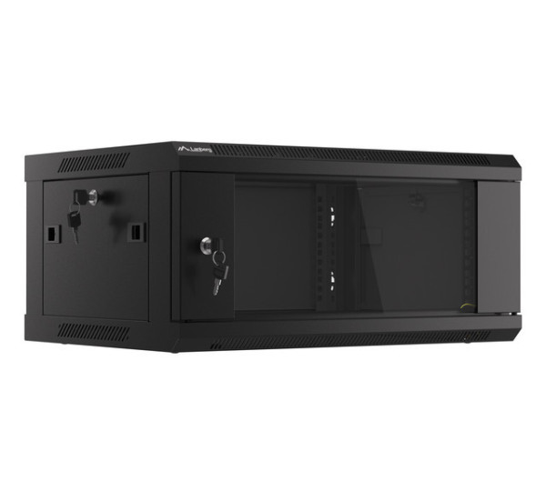 Lanberg WF01-6404-10B 19 4U SZÉL:600mm MÉLY:450mm MAG:290mm lapraszerelt üvegajtós fekete fali rack szekrény