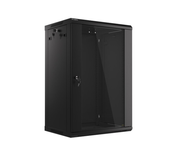 Lanberg WF01-6418-10B 19 18U SZÉL:600mm MÉLY:450mm MAG:907mm lapraszerelt üvegajtós fekete fali rack szekrény