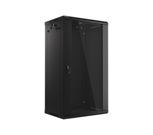 Lanberg WF01-6422-10B 19 22U SZÉL:600mm MÉLY:450mm MAG:1085mm lapraszerelt üvegajtós fekete fali rack szekrény