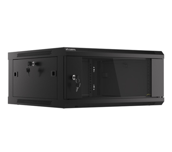 Lanberg WF01-6604-10B 19 4U SZÉL:600mm MÉLY:600mm MAG:290mm lapraszerelt üvegajtós fekete fali rack szekrény