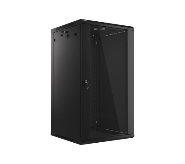 Lanberg WF01-6622-10B 19 22U SZÉL:600mm MÉLY:600mm MAG:1085mm lapraszerelt üvegajtós fekete fali rack szekrény