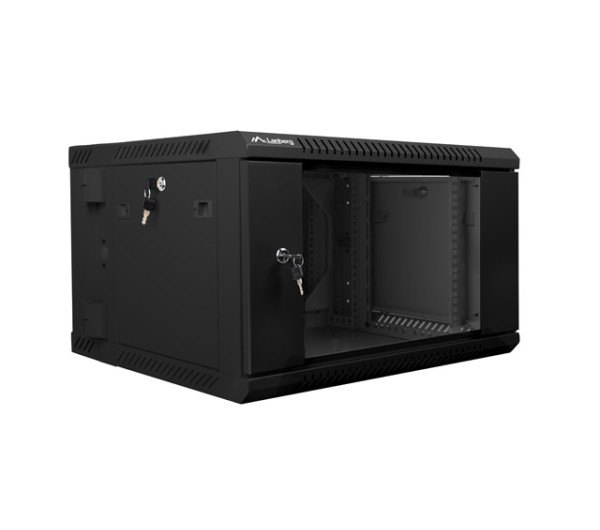 Lanberg WF02-6606-10B 19 6U SZÉL:600mm MÉLY:600mm MAG:374mm lapraszerelt üvegajtós fekete kétrészes fali rack szekrény